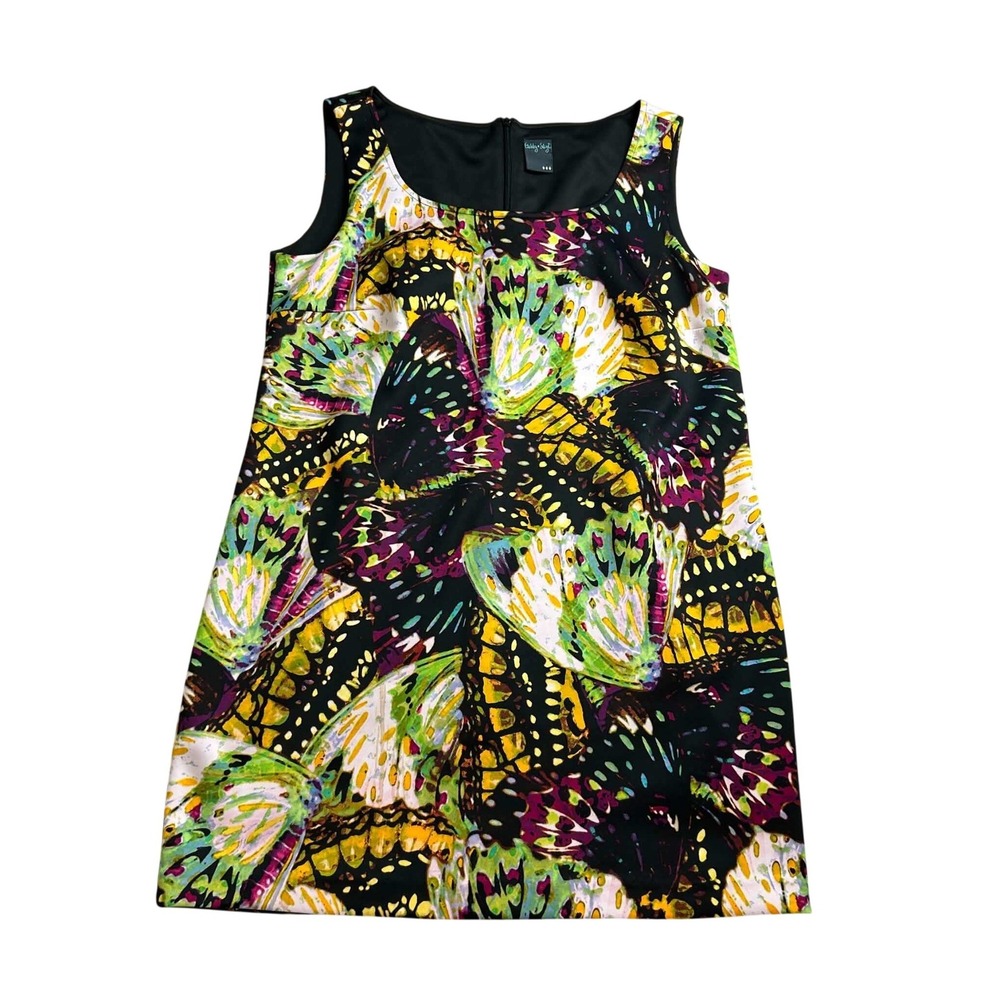 Gabby Skye Women Butterfly Wing Print Sleeveless Shift Dress Black Green Yellow